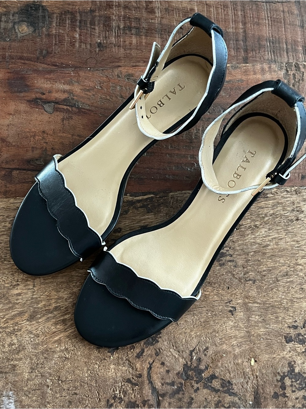 Talbots Black Scalloped Ankle-Strap Sandals with Gold Buckle